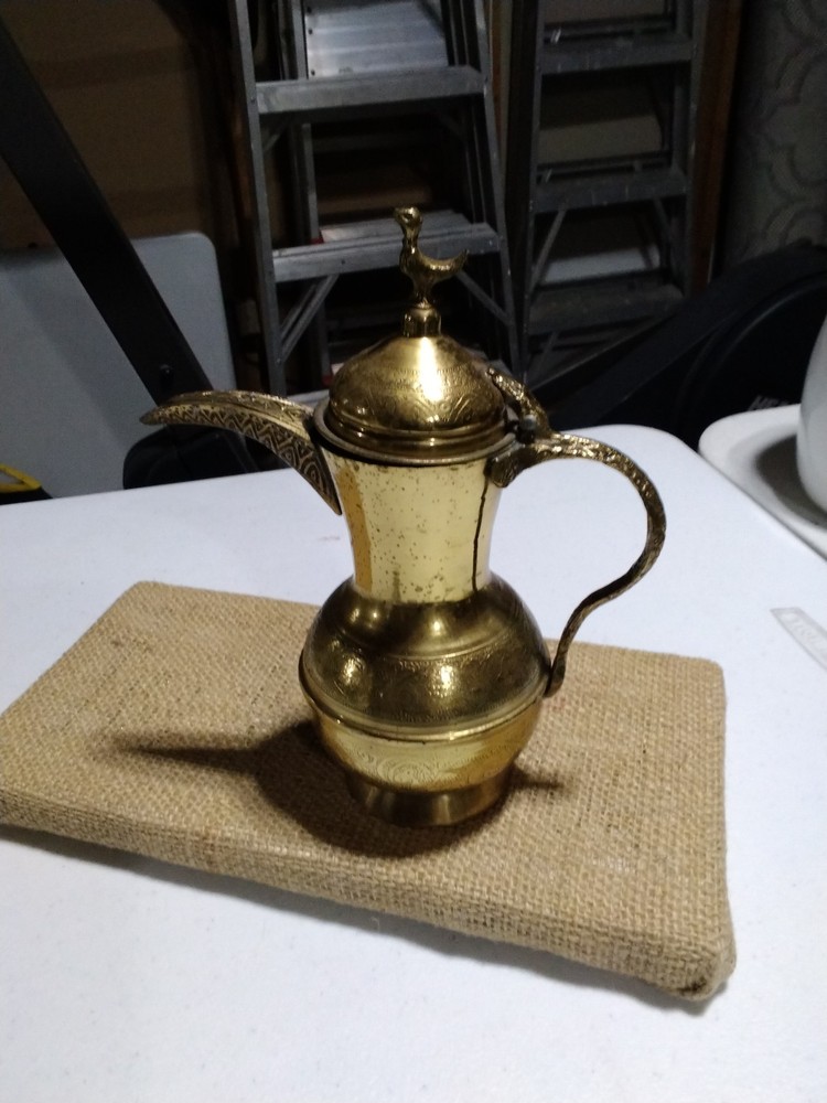 Middle Eastern Brass Dallah Coffee Pot with Decorative Engraving