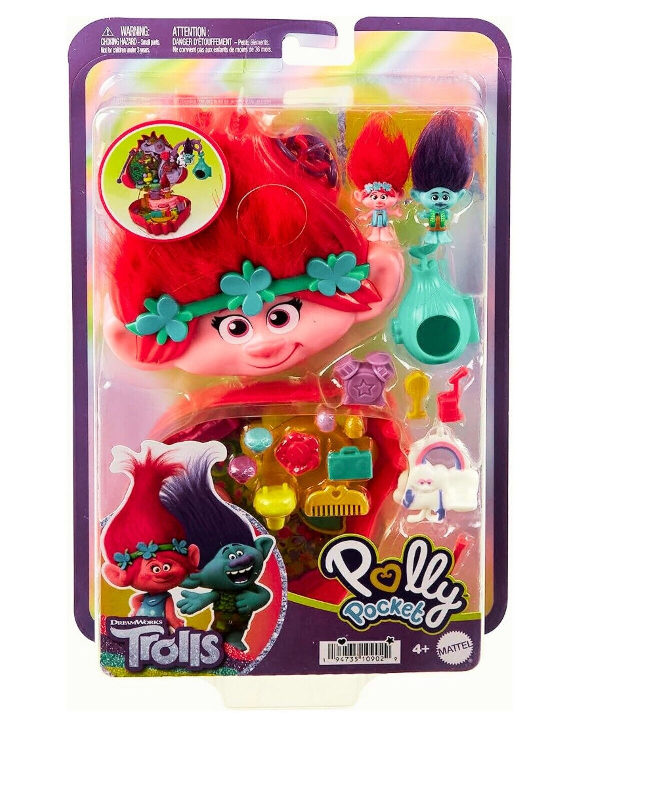 Polly Pocket & DreamWorks Trolls Compact Playset w POPPY & BRANCH & Accessories