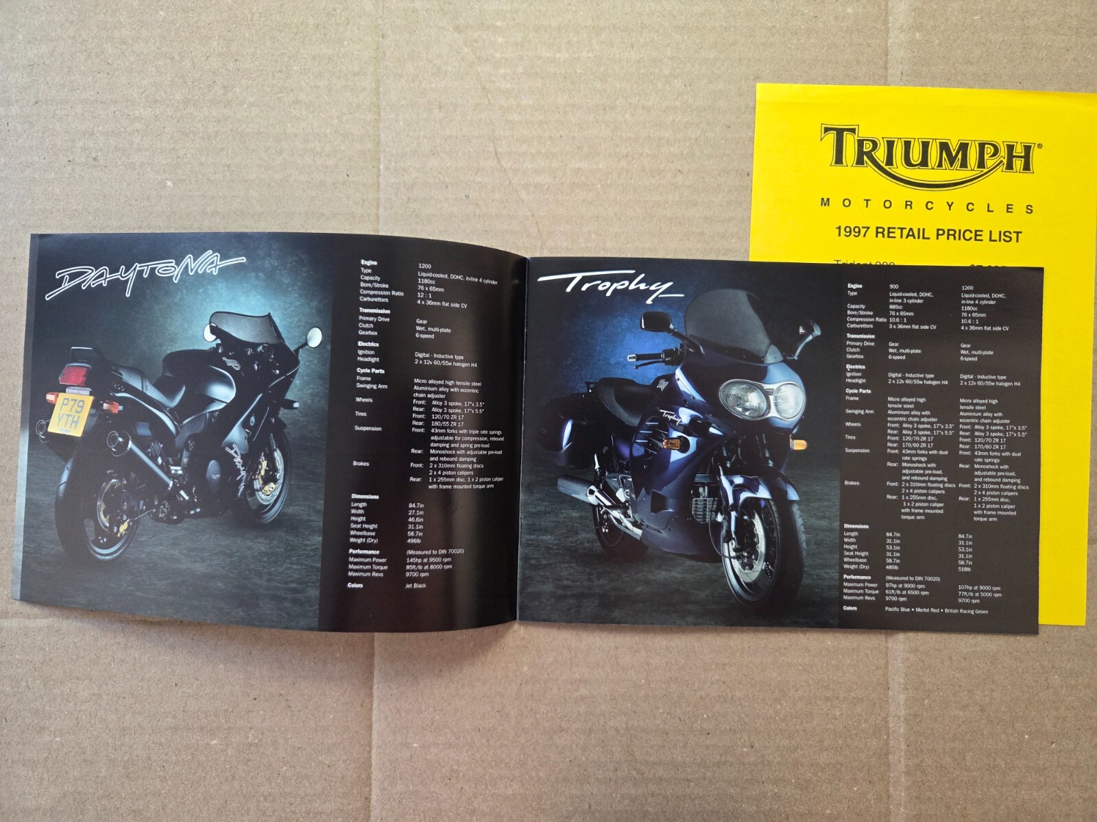 Vintage 1997 Triumph Motorcycle Brochure Daytona Trophy Speed Triple Tiger etc.