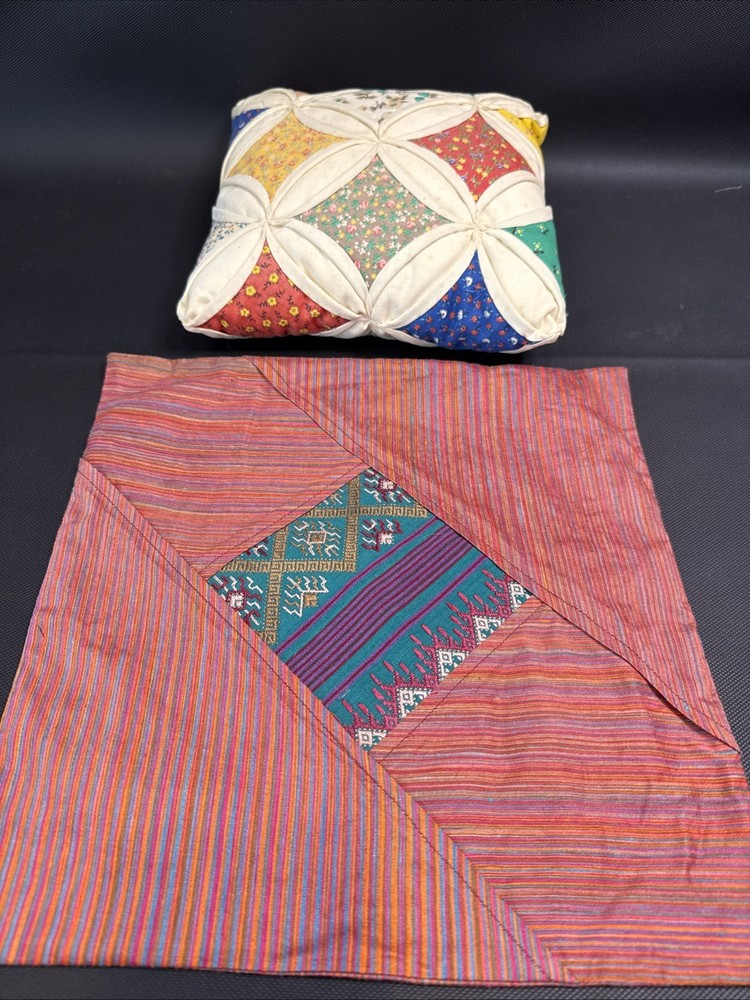 Handmade Cathedral Window Throw Pillow Quilt Patchwork & Embroidered Pillow Cove