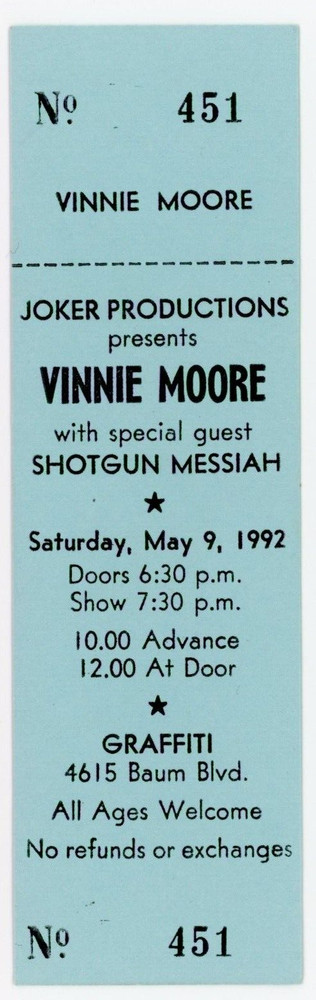 Vinnie Moore Concert Ticket Graffiti Showcase Pittsburgh, PA 1992