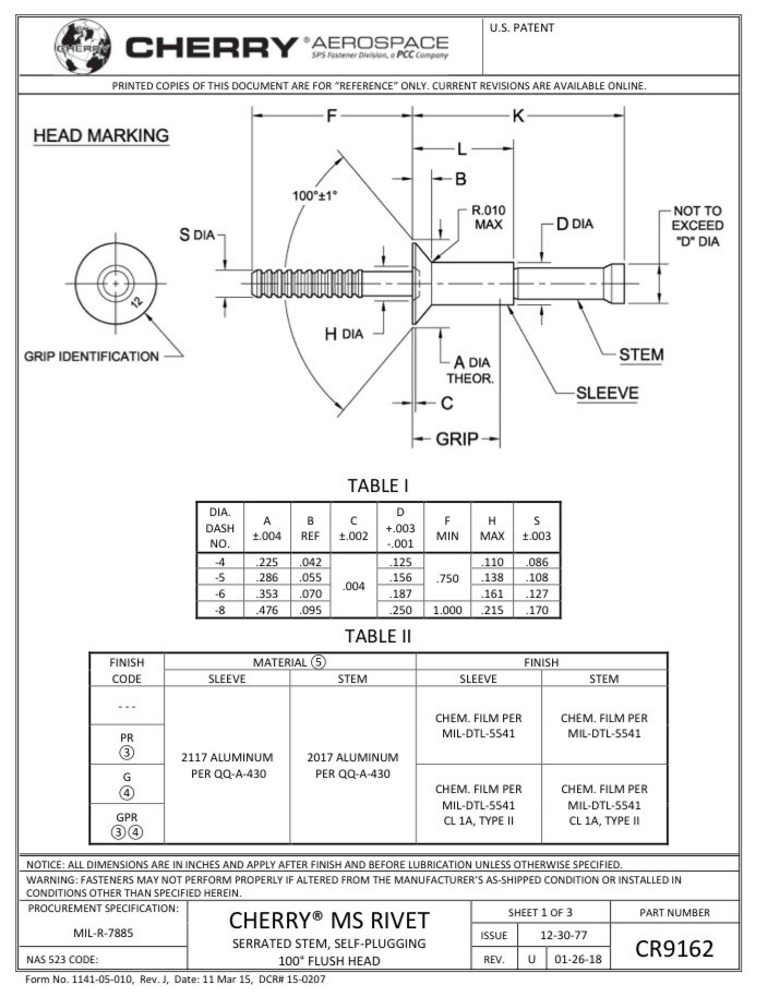 (25) CR9162-4-1 CherryMax Flush Rivet 1/8 Diameter .052-.062 Grip Range.