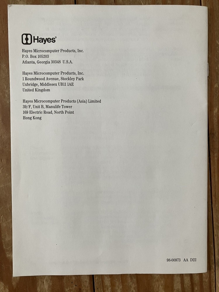 Hayes Smartmodem OPTIMA 9600 AT Command Set Reference - 98-00973 AA D22