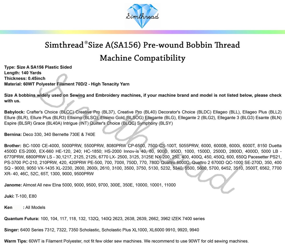 144pcs Embroidery Pre-Wound Bobbins Thread, Class 15 Type A Size SA156, Polye...