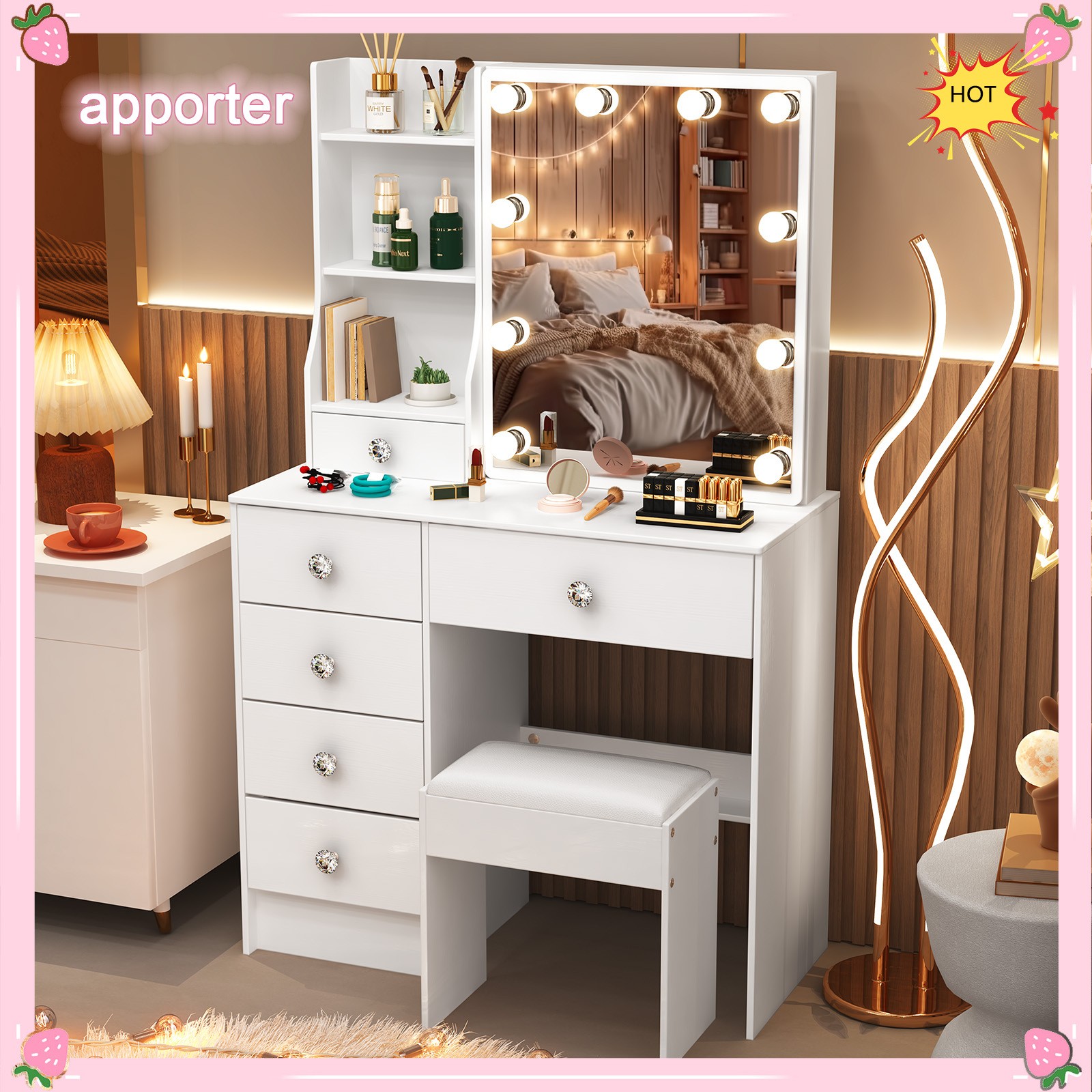 10 LED Lights w/3 Colors Mirror &Drawer Dresser Table Makeup Desk for Xams gifts