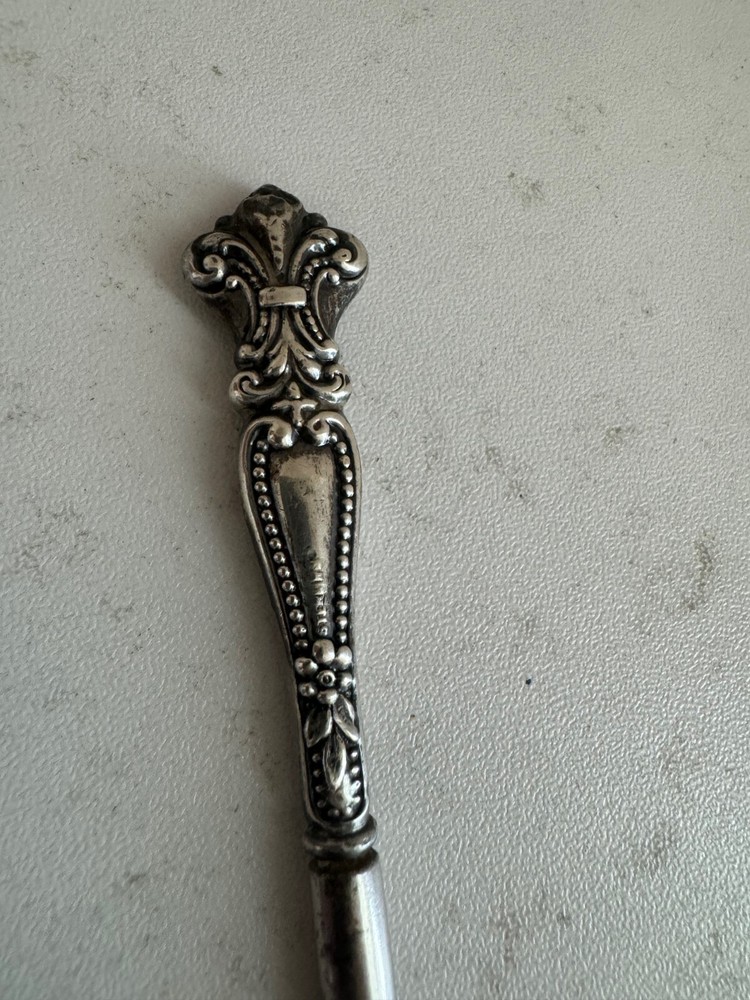 Antique Sterling Silver Handle Button Hook w/ Beaded & Fleur de Lis Design