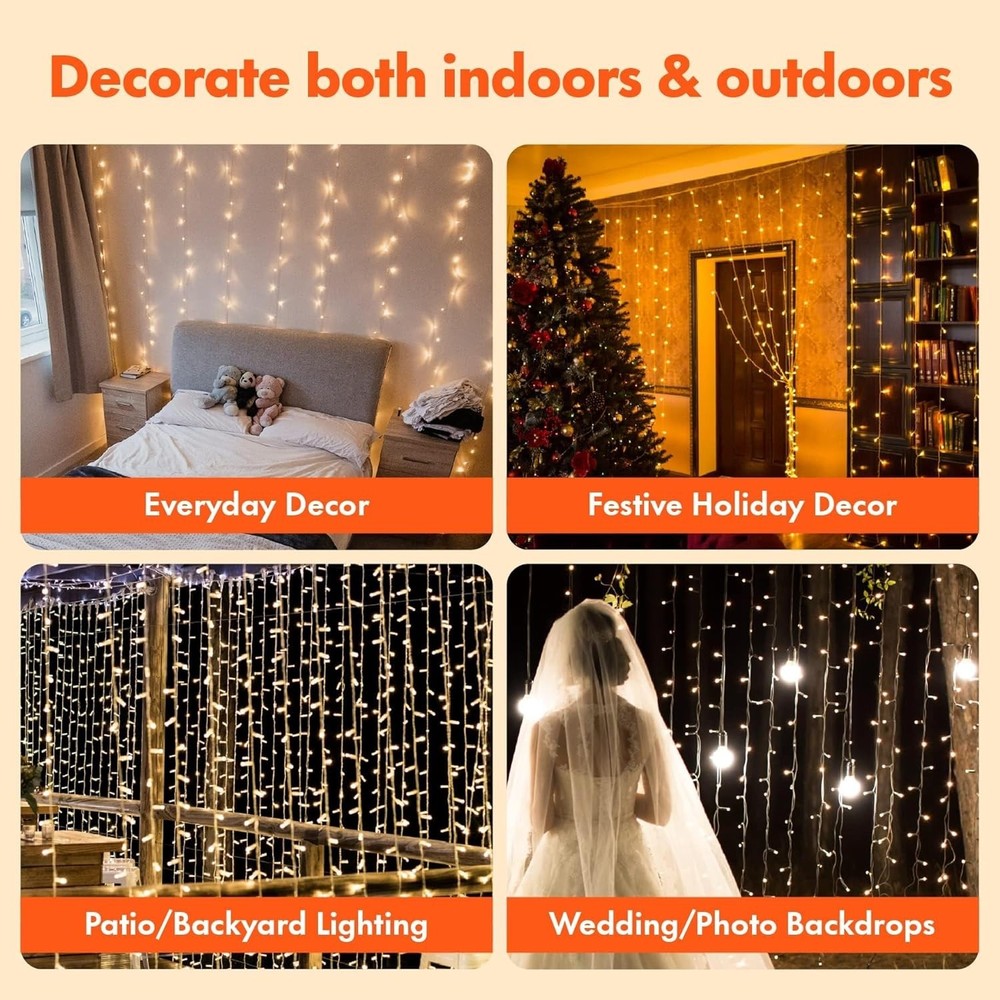 Versatile Waterproof LED String Lights - 300 Warm White, 8 Modes, Remote Control