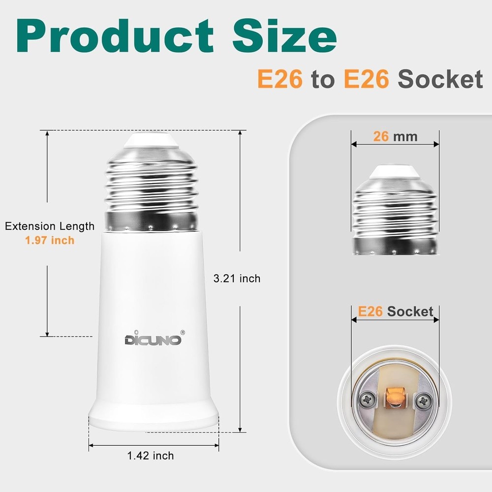 E26 Socket Extender, E26 Standard Medium Base Lamp Bulb Socket Adapter of 5CM...