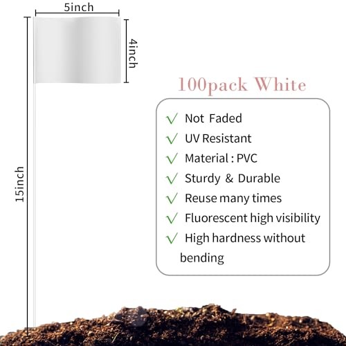 100Pack Marking Flags, Writable/15x4x5 Inch, Yard Flags for 100 Pack White