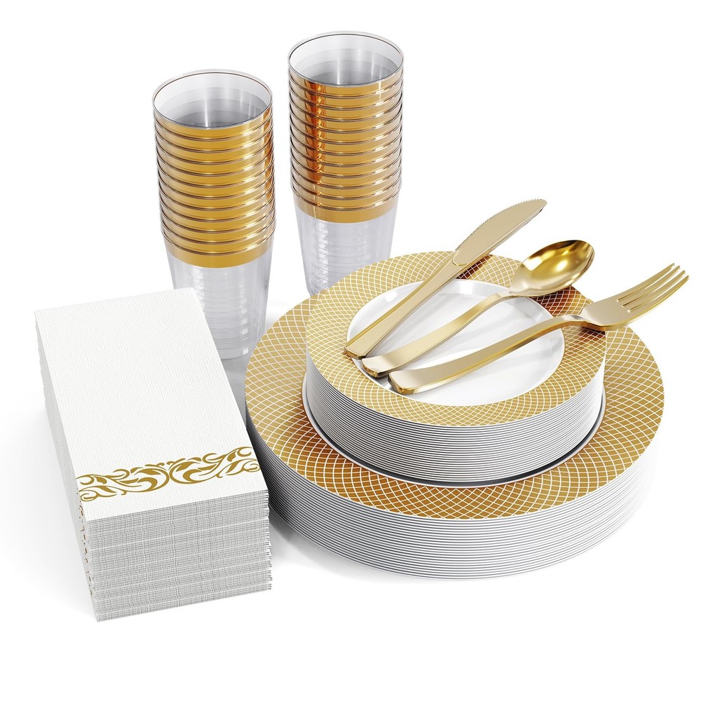 FOCUSLINE 10" Dinner Plates, 7" Dessert 175Pack Gold Dinnerware Set