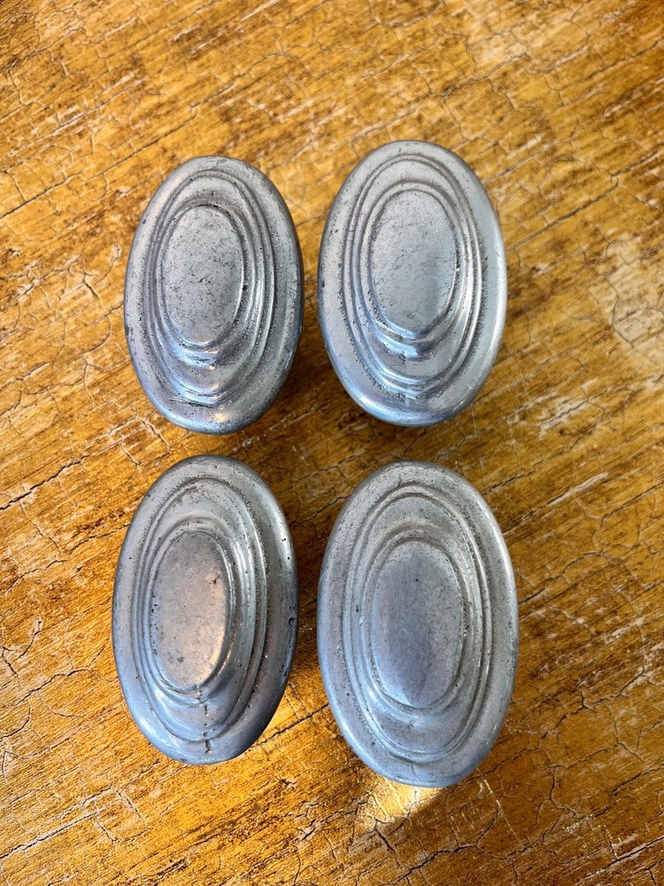 4) Vintage Silver Cast Aluminum Oval Stair Step Art Deco Pattern door knobs