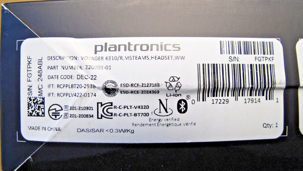 Plantronics 4310 UC USB Wireless Bluetooth Single Ear Headset PC Mac Mobile Mint