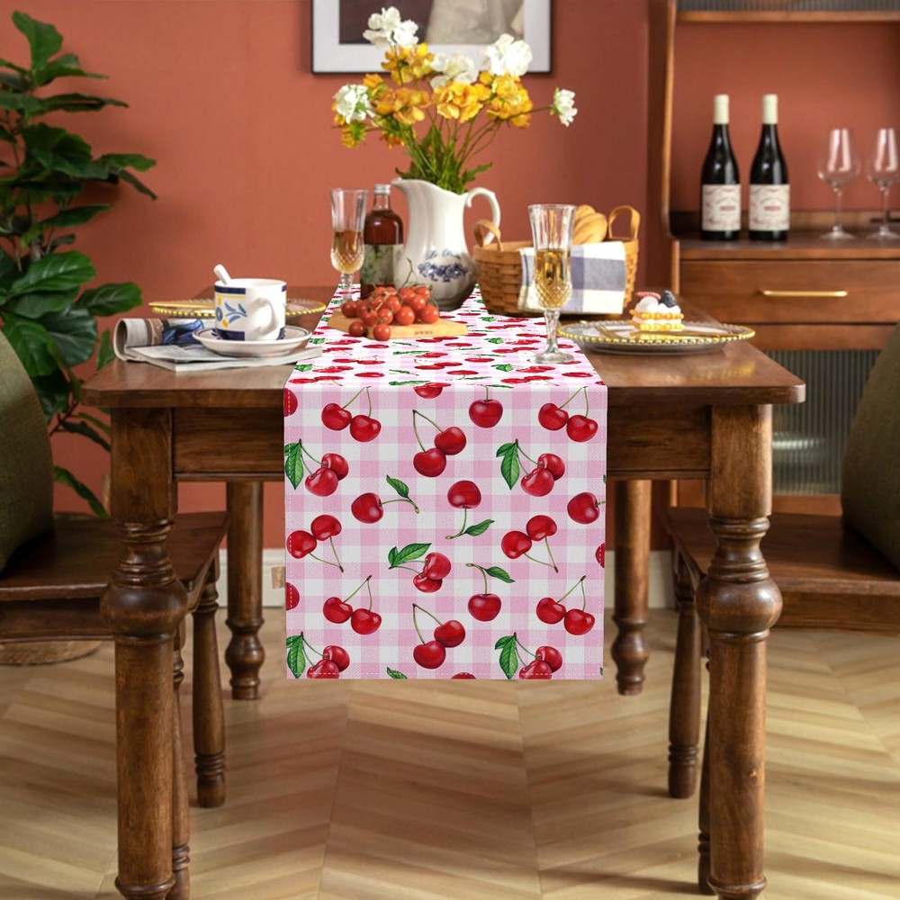 Cherry Table Runner Spring Summer Fruit Birthday Party Decorations Dining Roo...