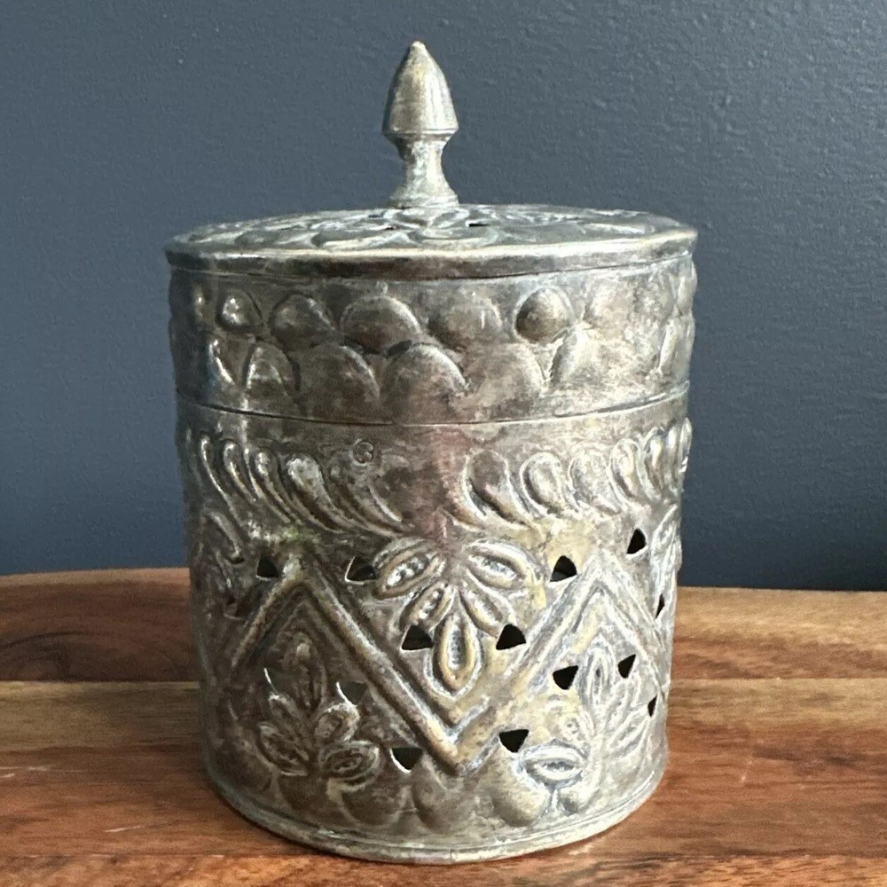 Pierced Brass/Silver Box with Hinged Lid - Middle Eastern Good Solid Old Nice!
