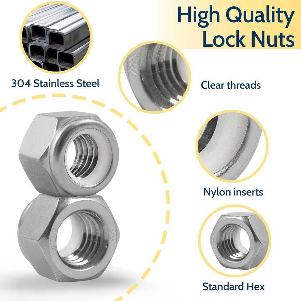 150 Pack Locknuts - 304 Stainless Steel, Polished, Anti-Rust Performance