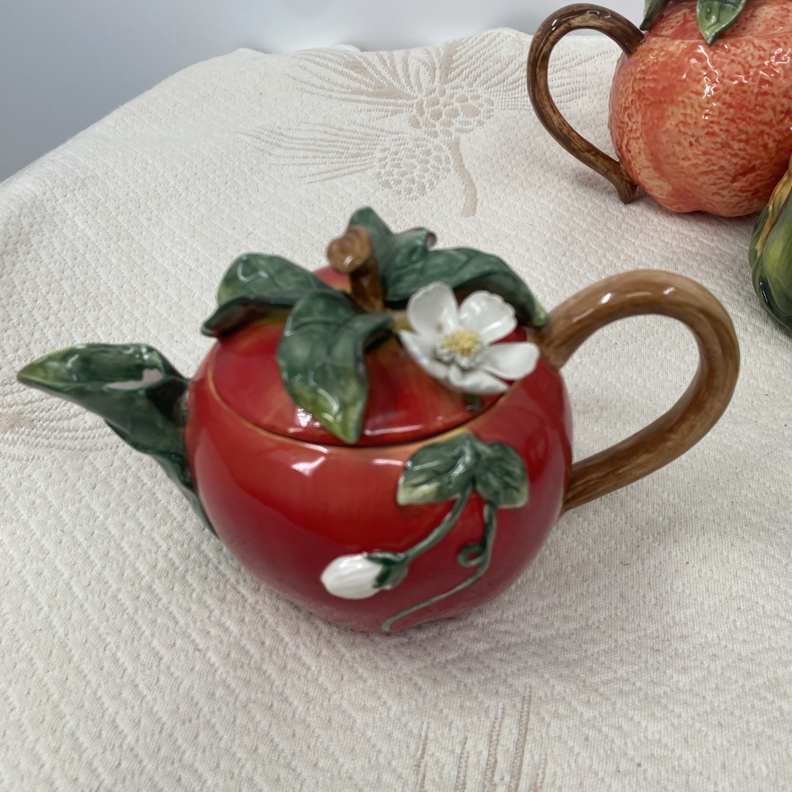 Vtg Lot 6 Ceramic Fruit Teapots: pair, Pineapple Peach Pomegranate & Watermelon