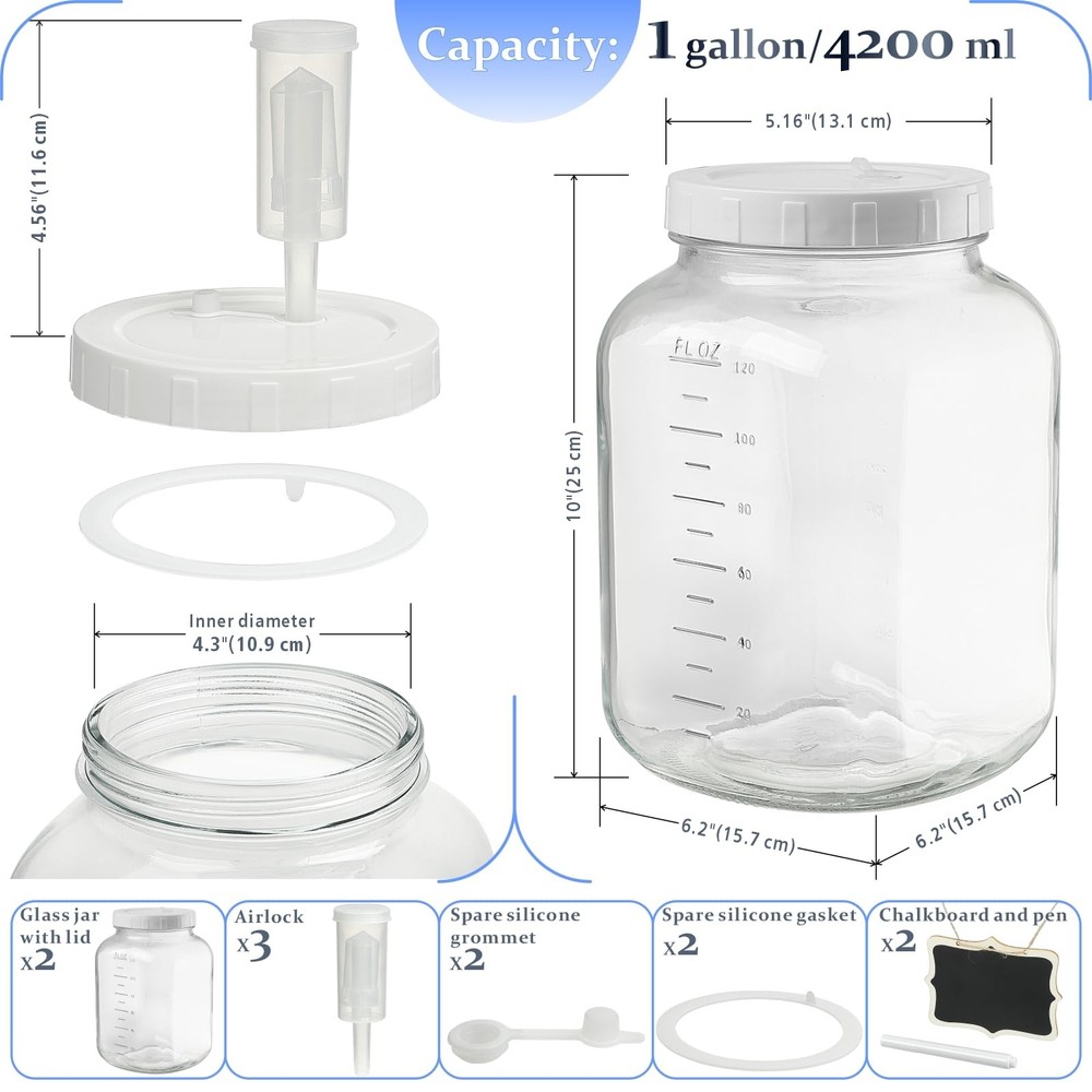 Folinstall 2-Pack 1 Gallon Fermentation Jars w/ Screw Lids & 3 Airlocks