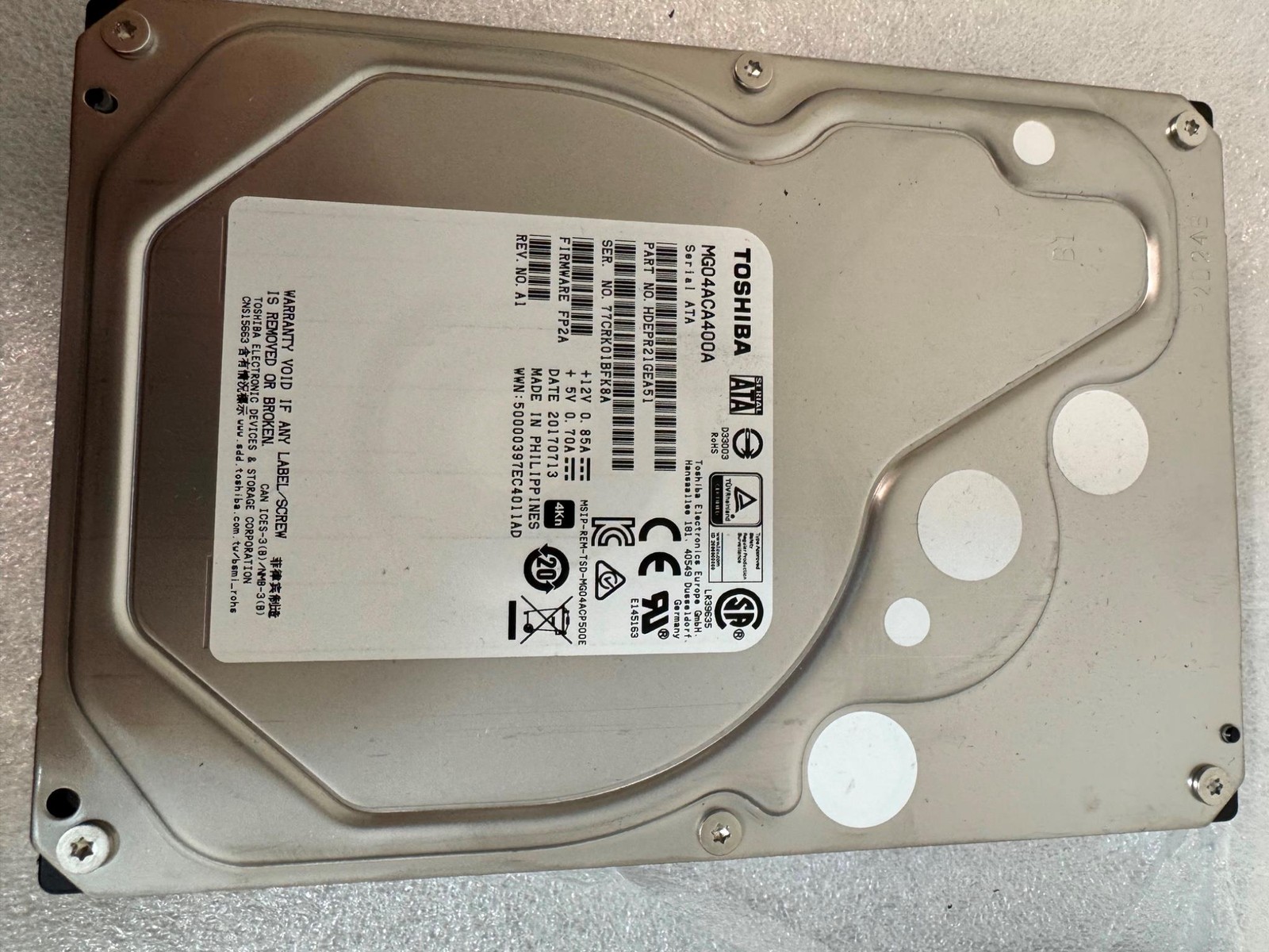 Toshiba MG04ACA400A HDEPR21GEA51 FP2A REV. A1 4TB 4000gb 3.5" SATA Hard Drive HD