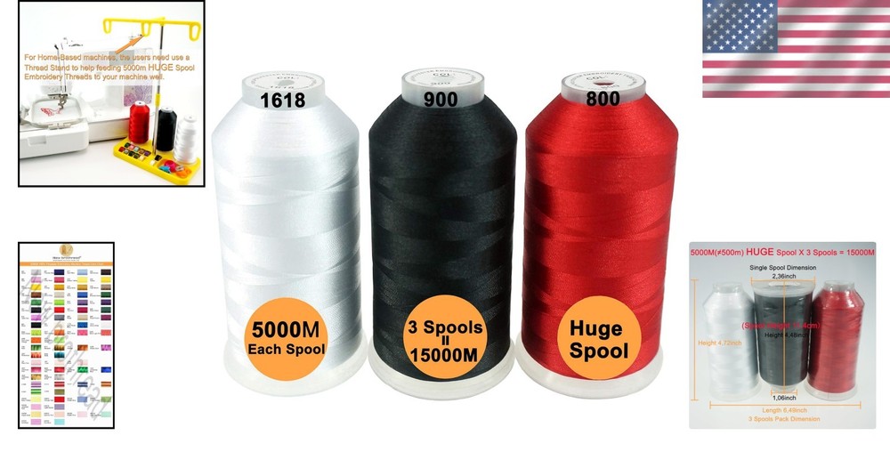 Value Pack: 3 Large 5000M Polyester Embroidery Threads - Color Fast & Durable