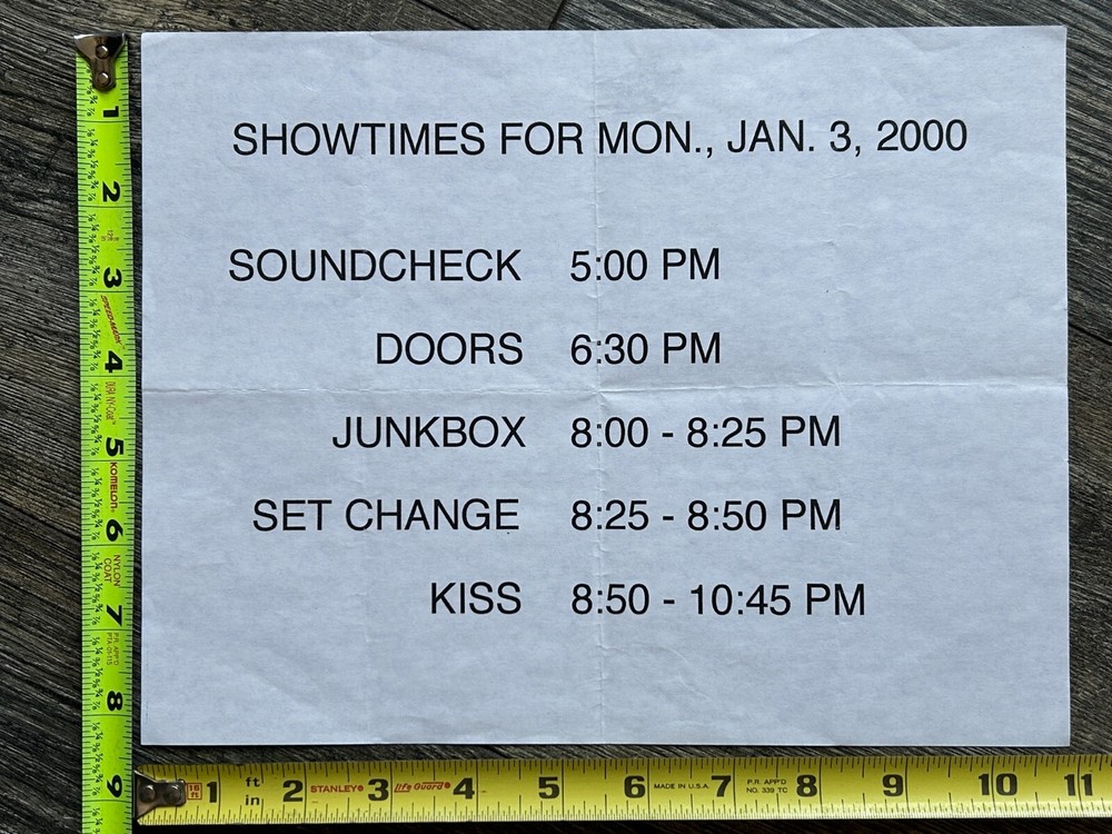 KISS Concert Backstage Sign Show Schedule Alaska Jan 3 2000 Tour Vintage Kiss