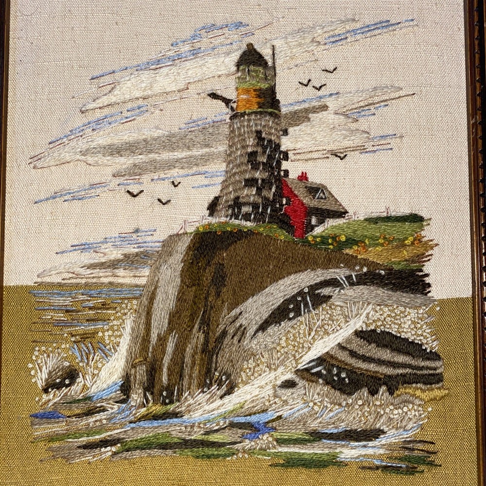 Vintage Lighthouse Needlepoint Framed MCM 19” X 15” Framed