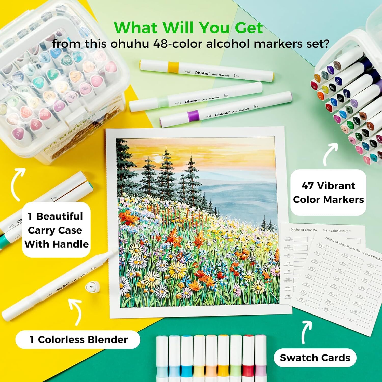 Ohuhu Markers, 48-color Double Tipped Alcohol Markers Brush& Chisel for Beginner