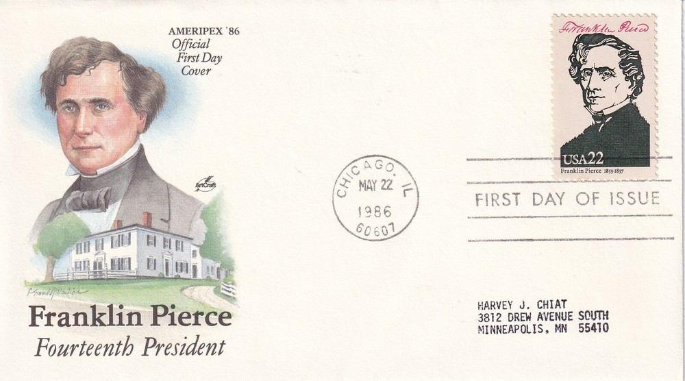 STAMP US SCOTT 2217e "Franklin Pierce" 22 CENT 1986 FDC - D