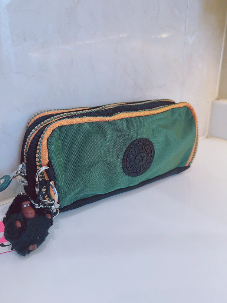 NEW Kipling Gitroy Pencil Case Cosmetic Case Green Tree Monkey Charm
