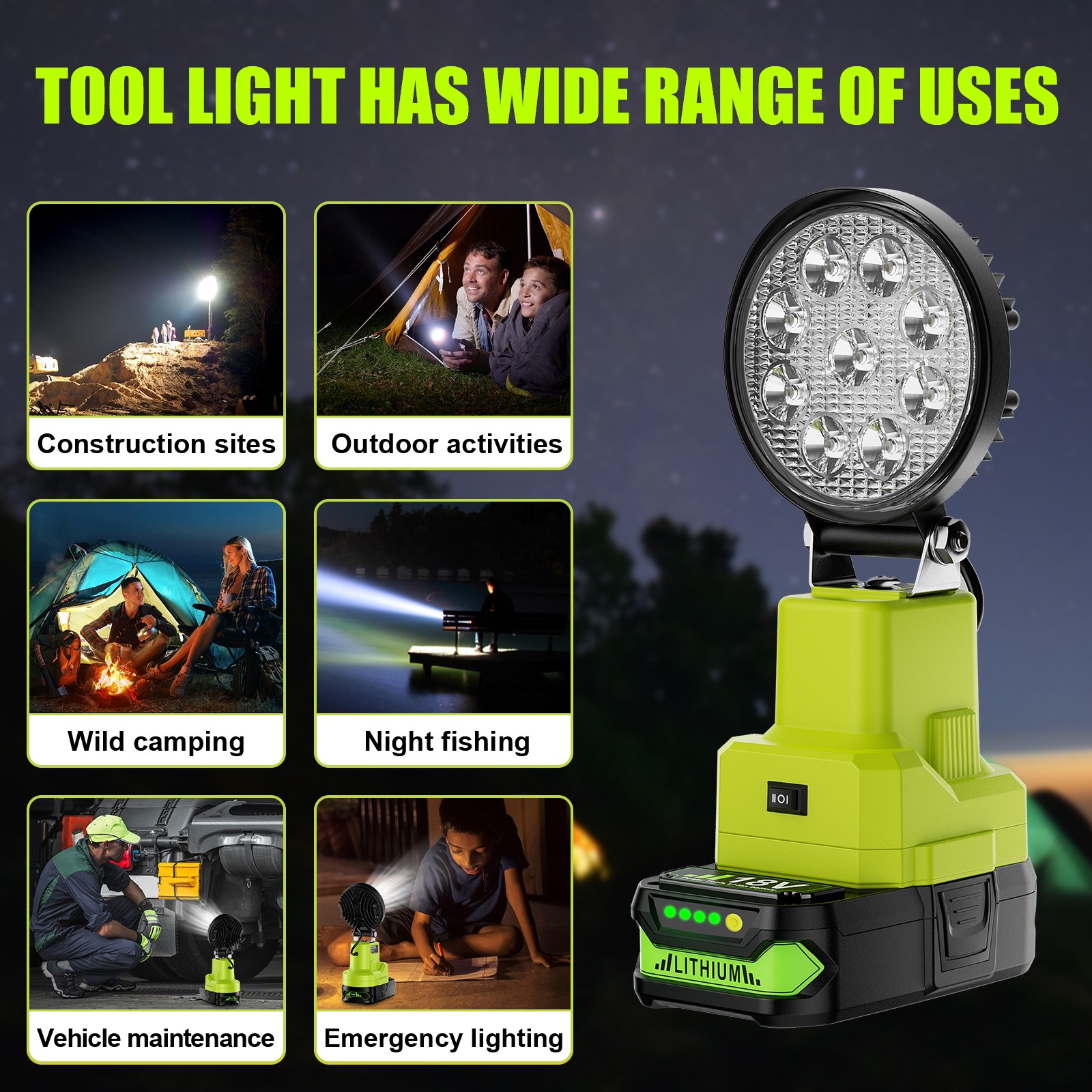 6000K Cordless Tool Light 2100LM LED Work Light for Ryobi 18V Battery 27W