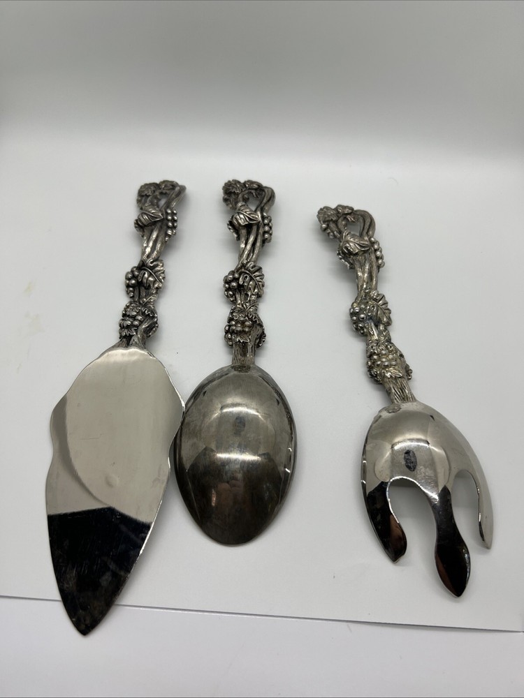 Vtg Godinger Silver Plated Grape Floral Serving Fork Spoon & Slicer