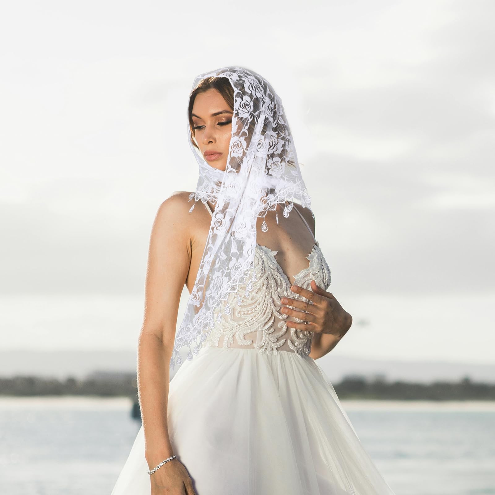 2 Pcs Mass Veil Triangle Mantilla Cathedral Head Covering, Chapel Veil Lace S...