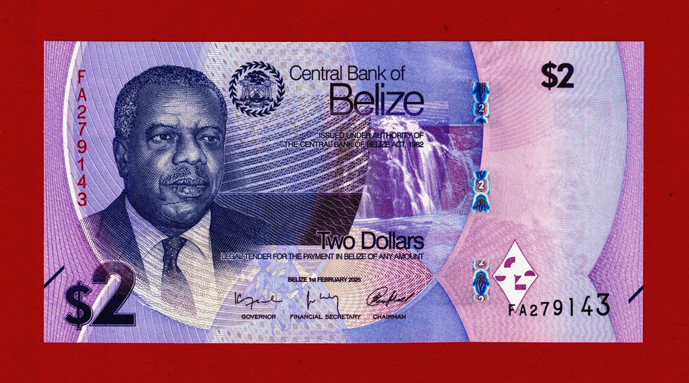 Belize 2 Dollars 2025 UNC Note Prefix: FA Sign: Kareem, Waight & Campbell, P-73a