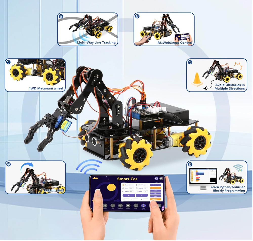 Smart Robot Arm Car Kit, 4WD Remote Control Car