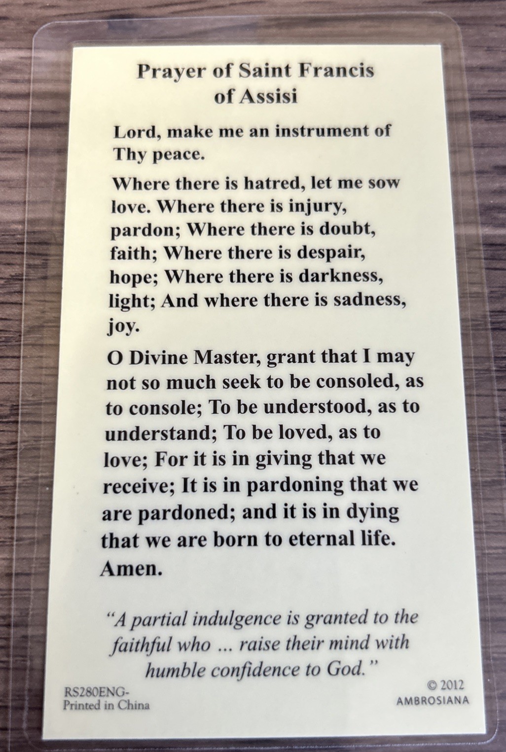 Holy Card Prayer of Saint Francis Of Assisi Laminated Prayer Card