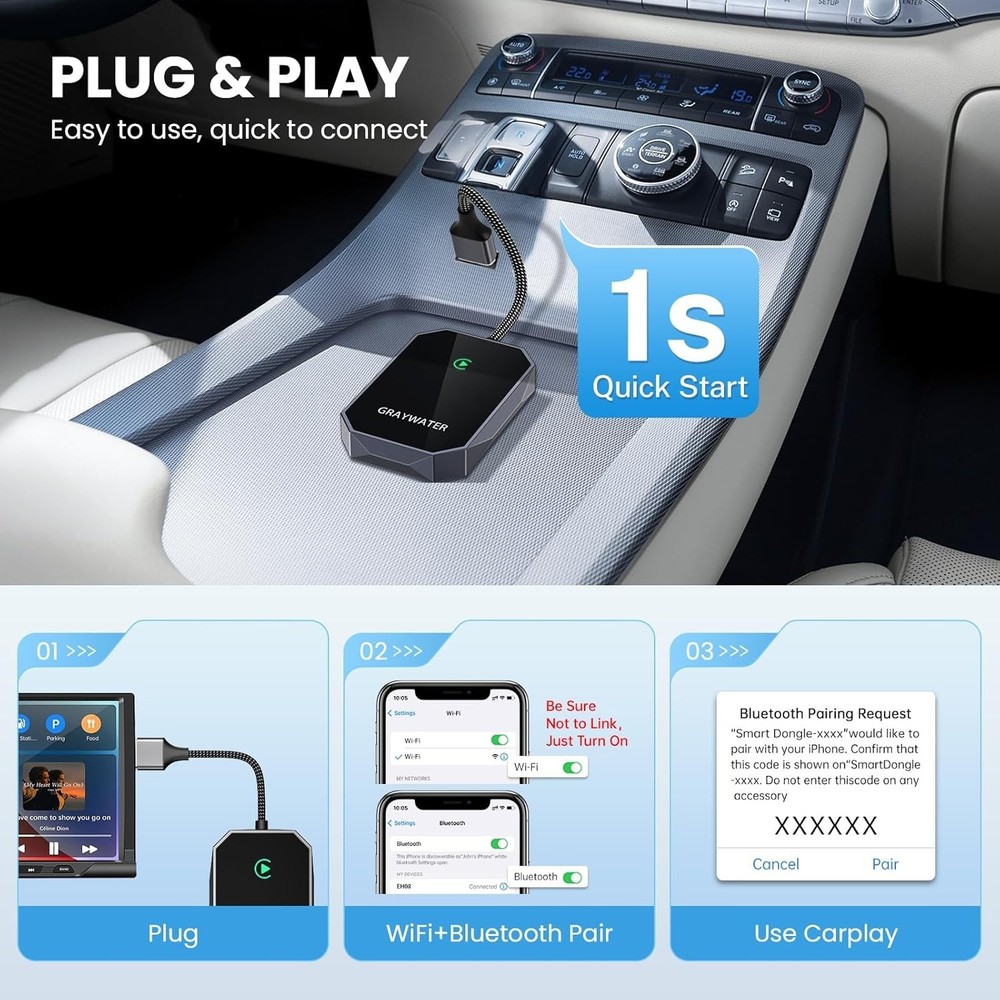 Wireless CarPlay Adapter iPhone Plug In Dongle Converts Wired to Wireless Cars