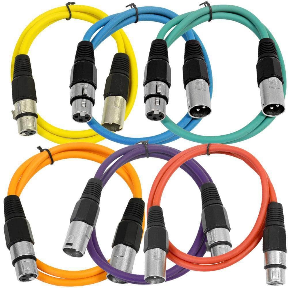 6 Pack Multi-Color 3ft XLR Patch Cables Audio Microphone Cord