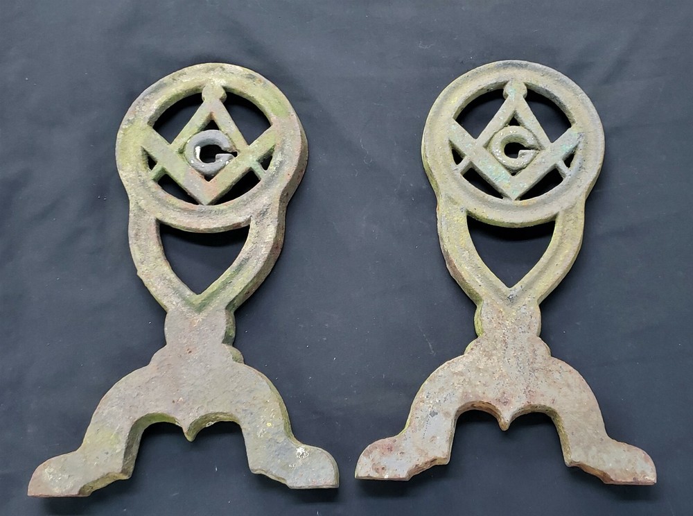 Pair of Masonic Freemasonry Cast Iron Andirons