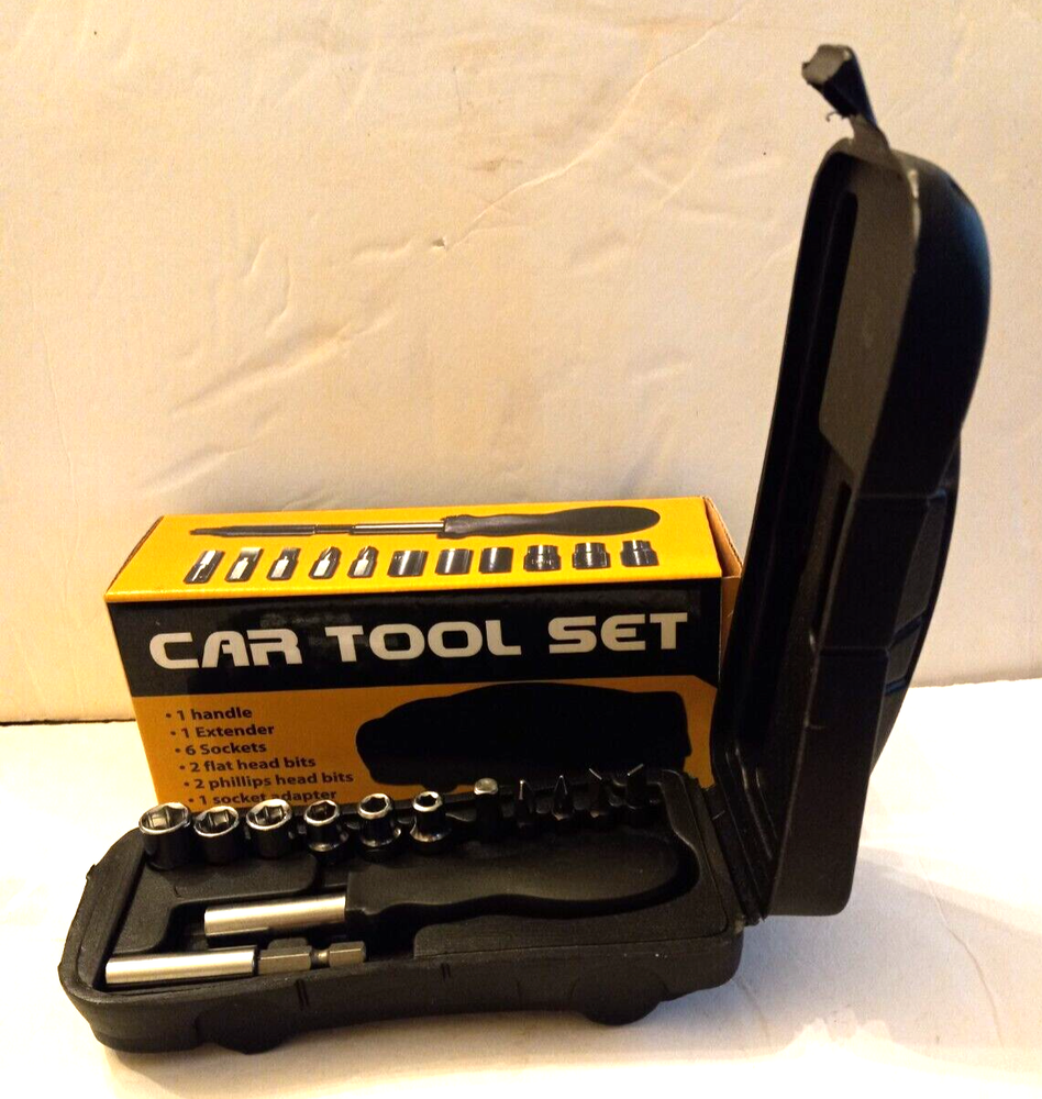 CAR TOOL SET SOCKETS FLAT HEAD & PHILLIPS BITS HANDLE EXTENDER CAR SHAPE HOLDER