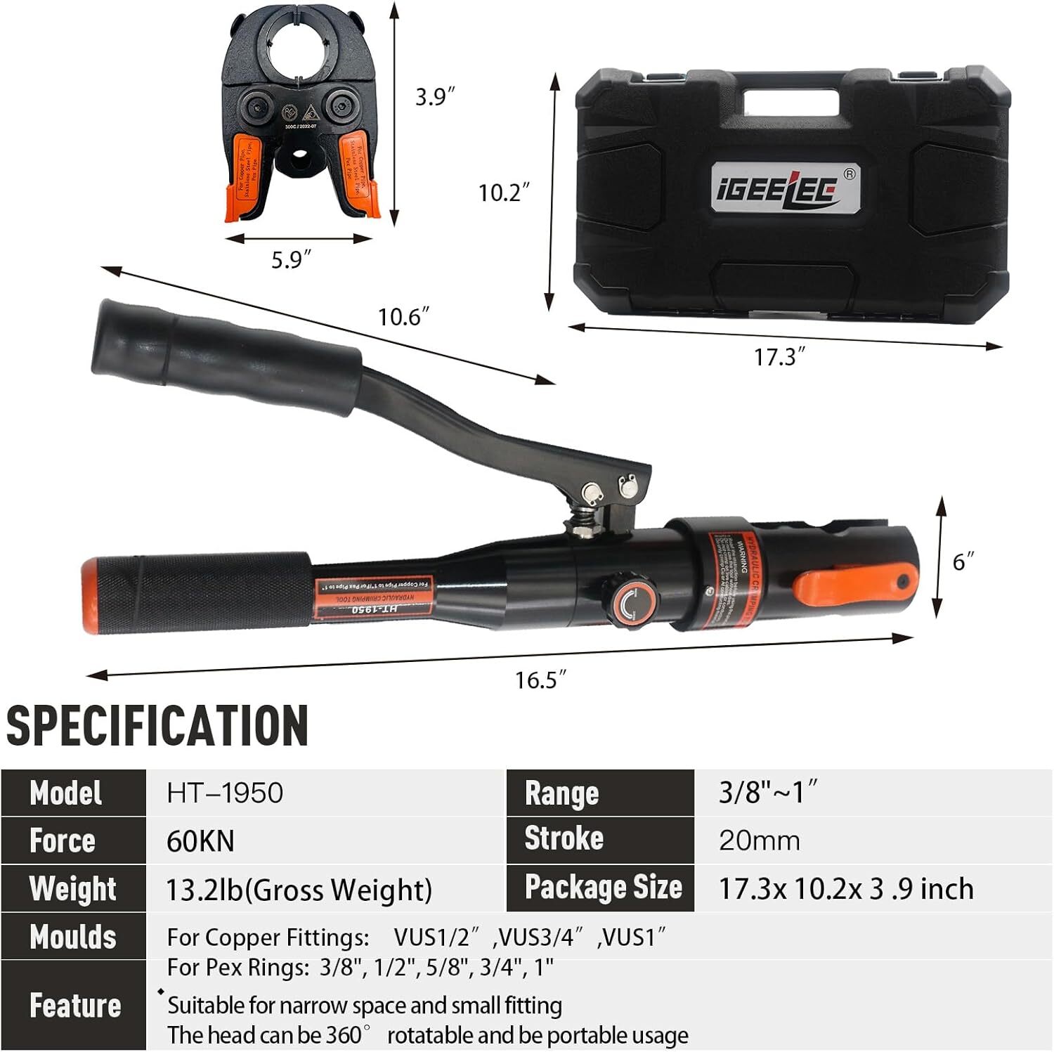 Copper Press Tool PEX Crimping Tool with 1/2", 3/4", 1" Dies for Copper Pipe