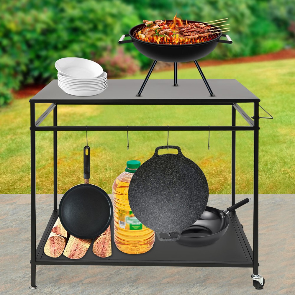 Kitchen BBQ Food Prep Work Cart Table Stand Mobile Storage Rack Grid Panel 2Tier