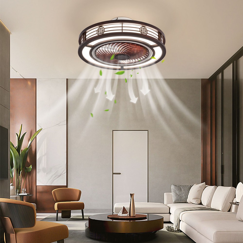 Caged Low Profile Ceiling Fan with Remote Control - Neo-Chinese Design