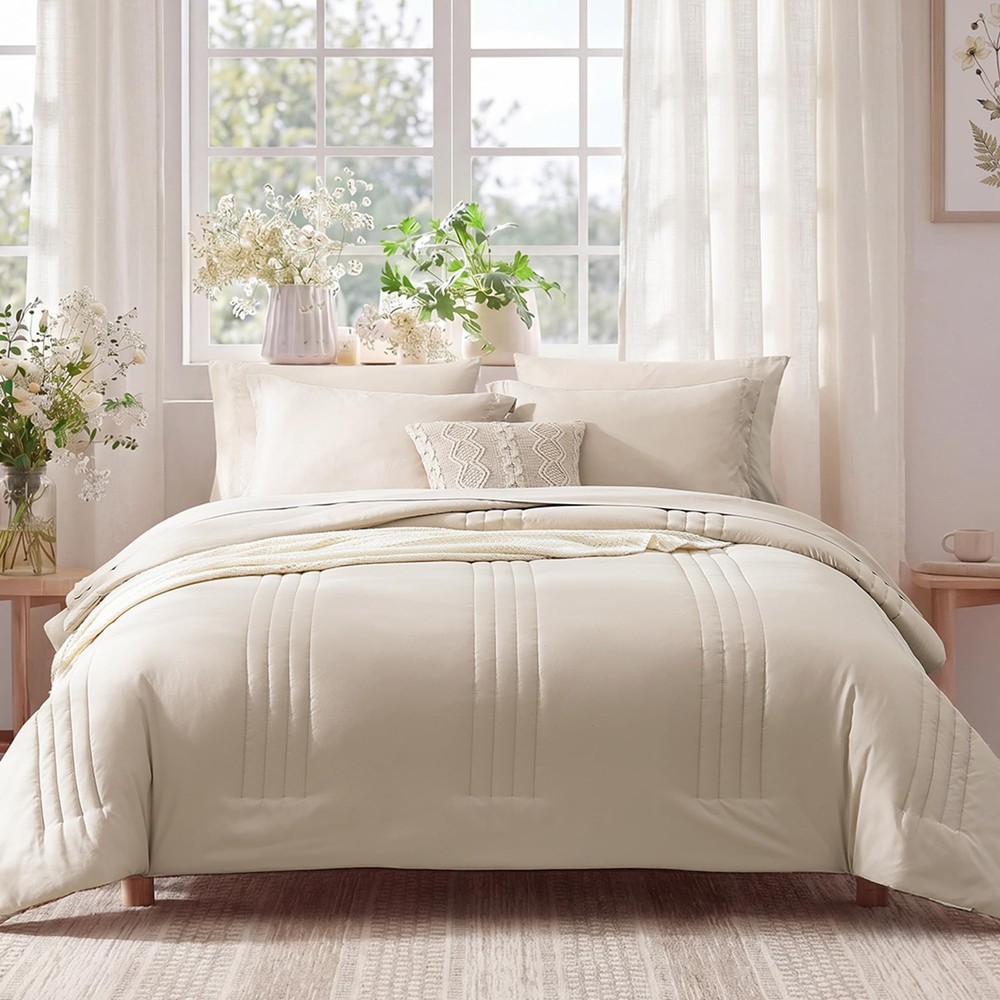 Queen Comforter Set - 7 Pieces Beige Bed in a Bag Queen Bedding Sets with Com...