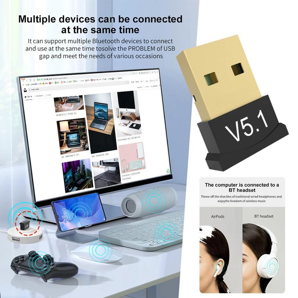 USB 2.0 Wireless Bluetooth 5.1 Adapter Dongle Transmitter Receiver For PC Laptop