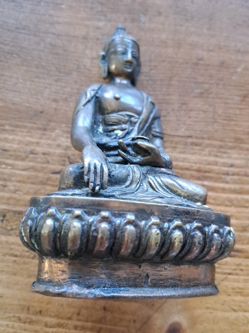 Vintage Handmade Tibetan Buddaha Figurine Bronze/Brass W/Copper Base 5"T