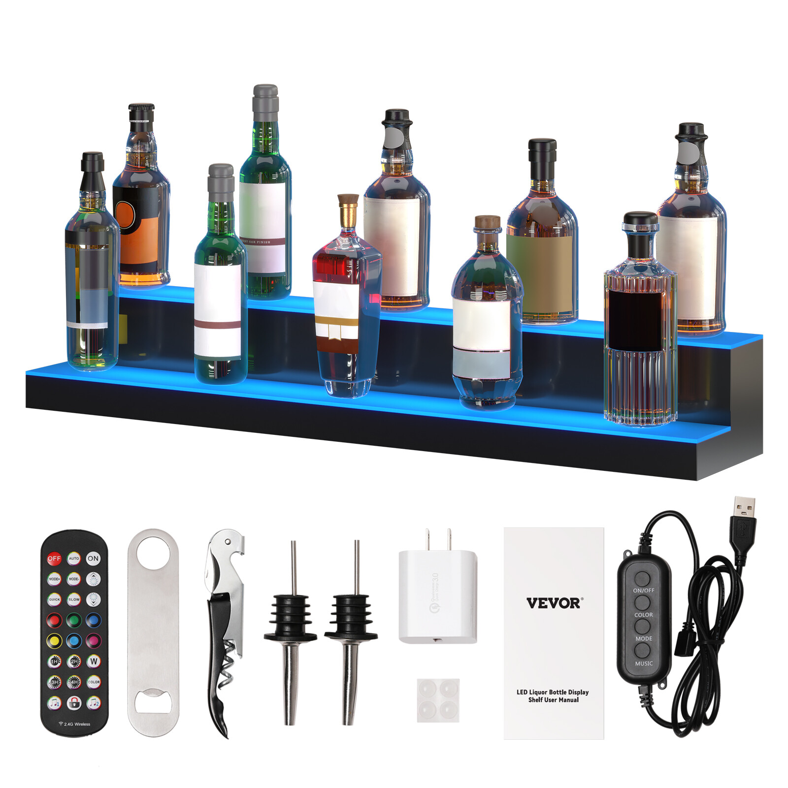 VEVOR LED Lighted Liquor Bottle Display Bar Shelf RF & App Control 40" 2-Step