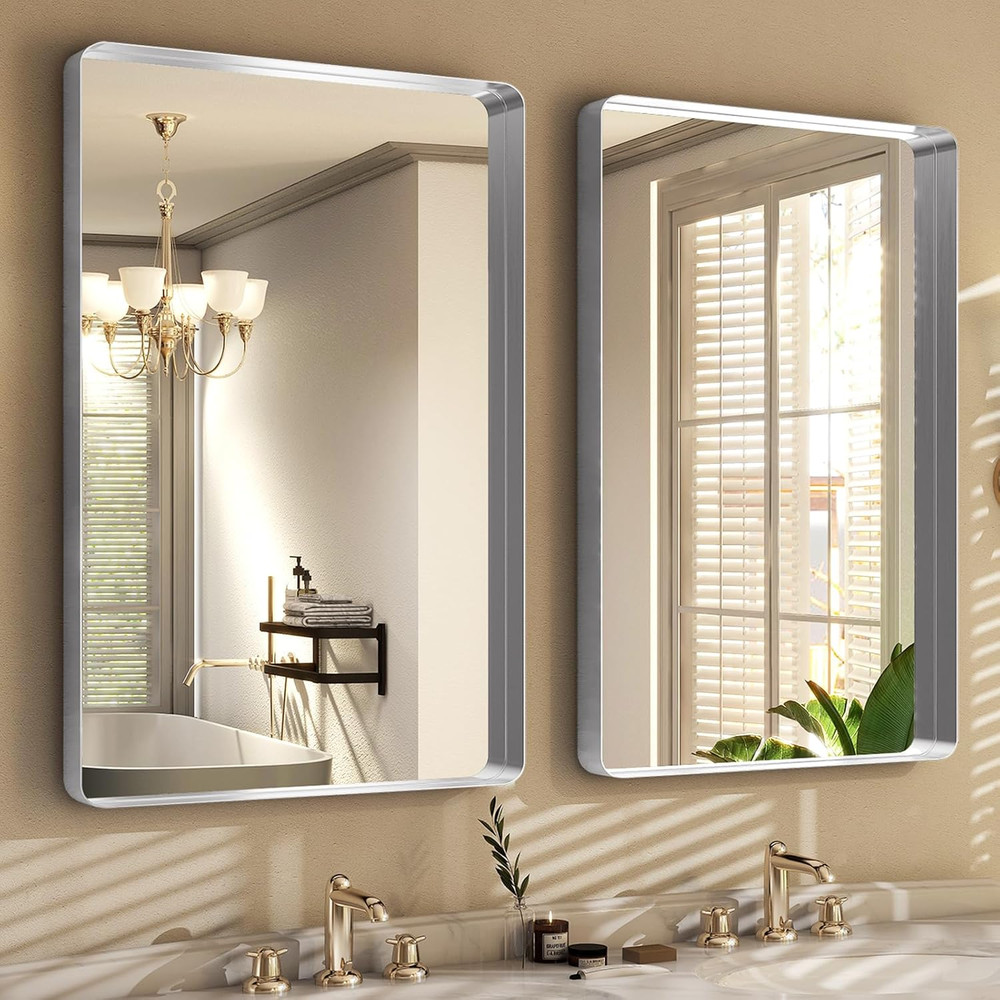 Modern Silver Wall Mirror, 30x22 Inch Rectangular Aluminum Frame, Versatile Desi