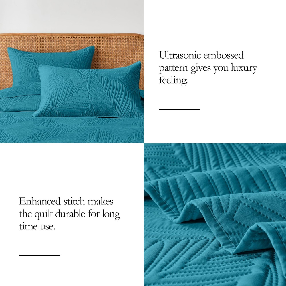 OARAGE Queen Quilt Bedding Set Soft Lightweight Teal Bedspread with Leaf Pattern