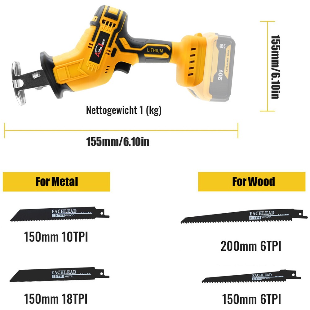 Brushless Cordless Reciprocating Saw for Dewalt 20V Max Variable Speed Tool Only