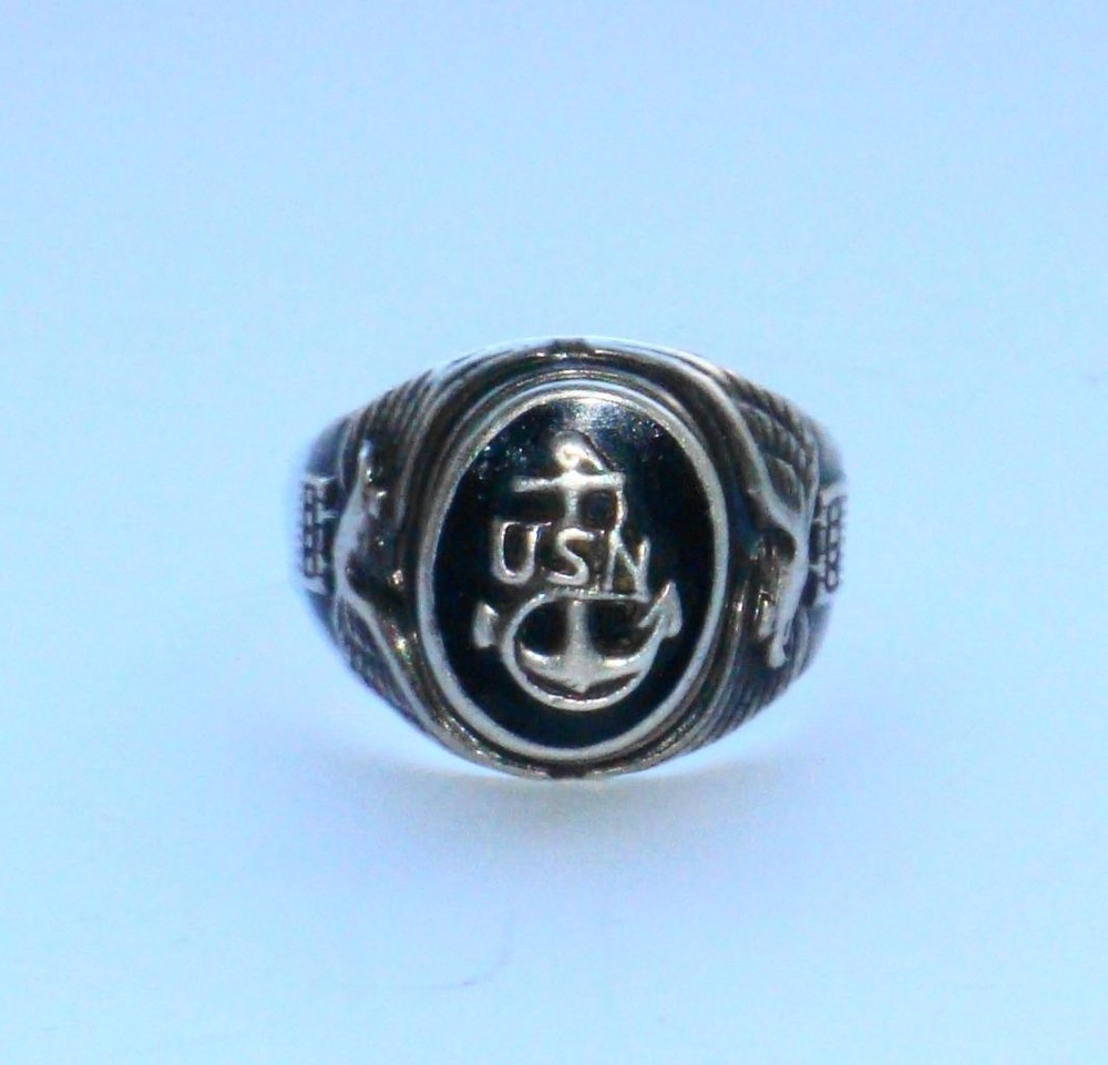 SUPERB ANTIQUE VINTAGE USA UNITED STATES NAVY WWII SILVER & BLACK ENAMEL RING