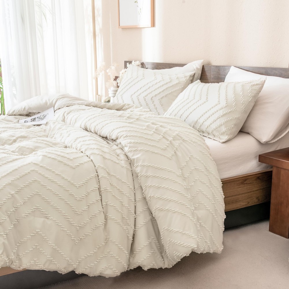 Boho Beige Queen Comforter Set - Soft Warm Tufted Neutral Bedding